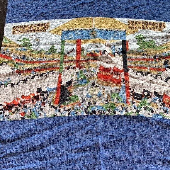 Vintage stretchy silk sumo wrestler stretch scarf kerchief large blue red cream - Picture 9 of 12
